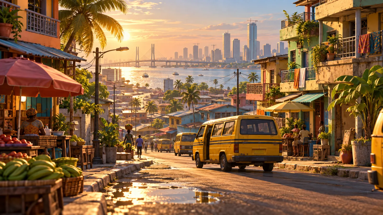 Lagos Life game-world artwork showing a warm coastal city neighborhood