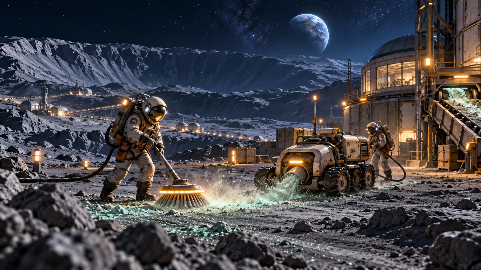 Moon Sweepers game-world artwork showing workers clearing glowing lunar dust beside a rover