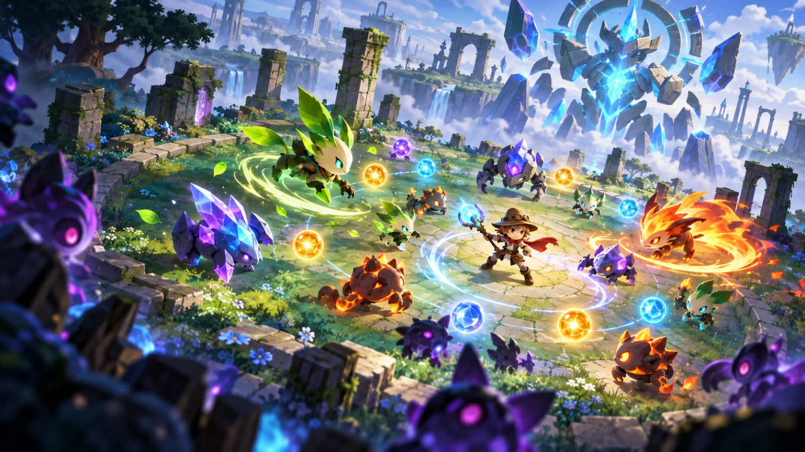PokéBonk game-world artwork showing original elemental creatures in a glowing arena